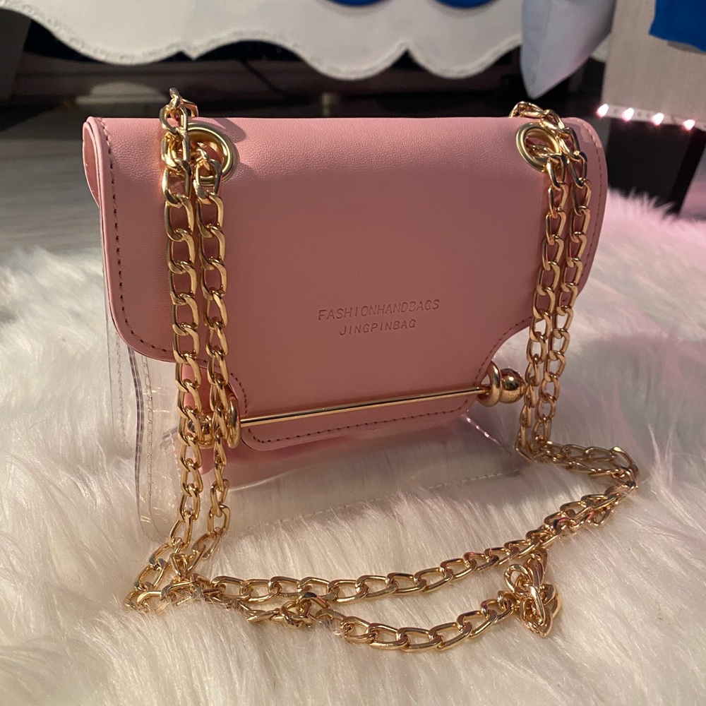 Pink, gold and clear crossbody chain purse